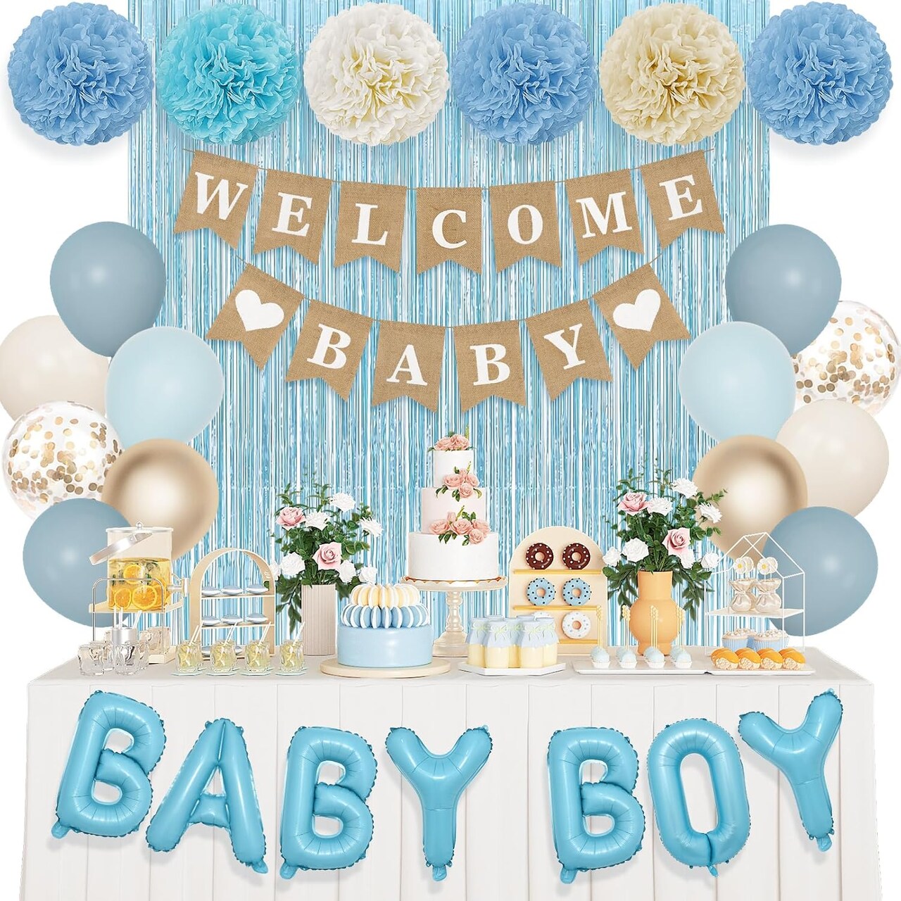 Dusty Blue Baby Shower Decorations for Boy with Welcome Baby Banner Baby Boy Letter Blue Champagne Sand Foil Balloons Fringe Curtains Paper Pom Poms for Boho Baby Shower Gender Reveal Party Supplies
